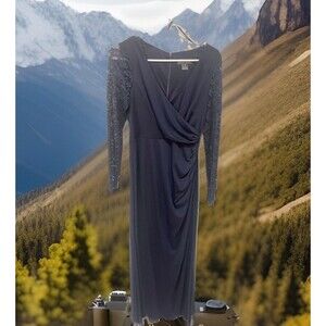 Jessica Howard long sleeve maxi dress size10 navy blue lace sequin